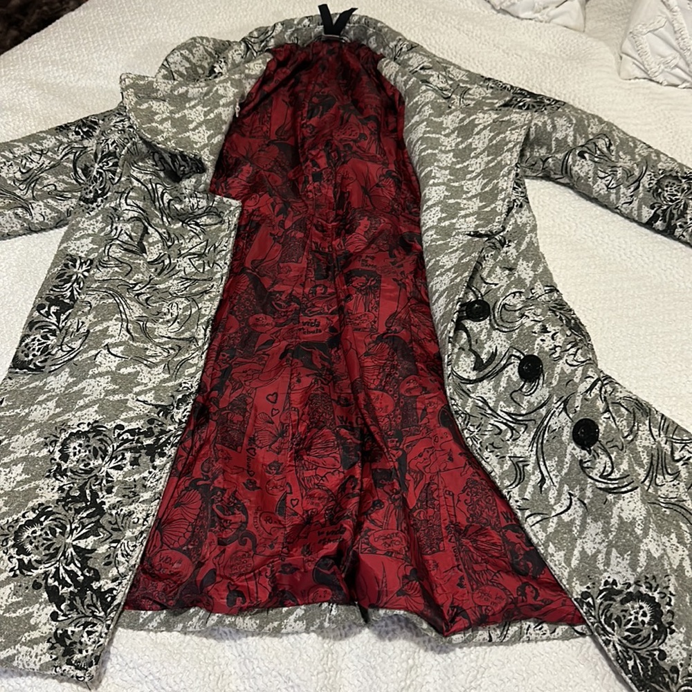 Desigual Wool Herringbone Jacket with Red print lining.